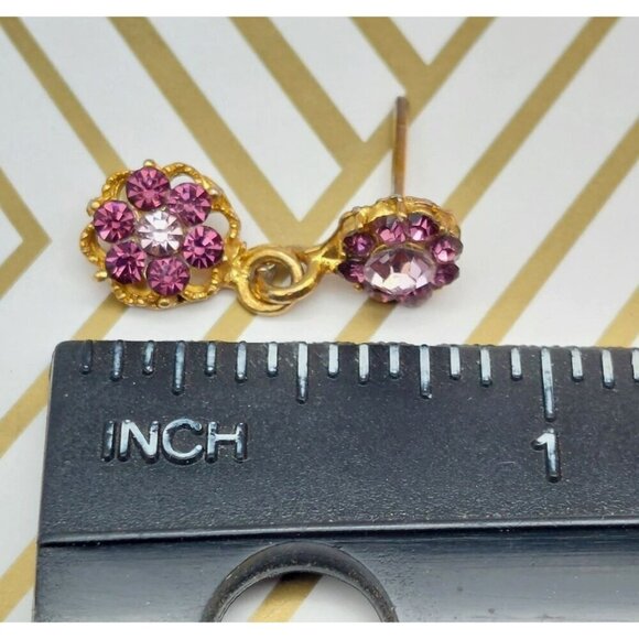 Tiny Minimalist Gold Tone & Purple Crystal Drop Dangle Floral Earrings Sparkle - Picture 9 of 9